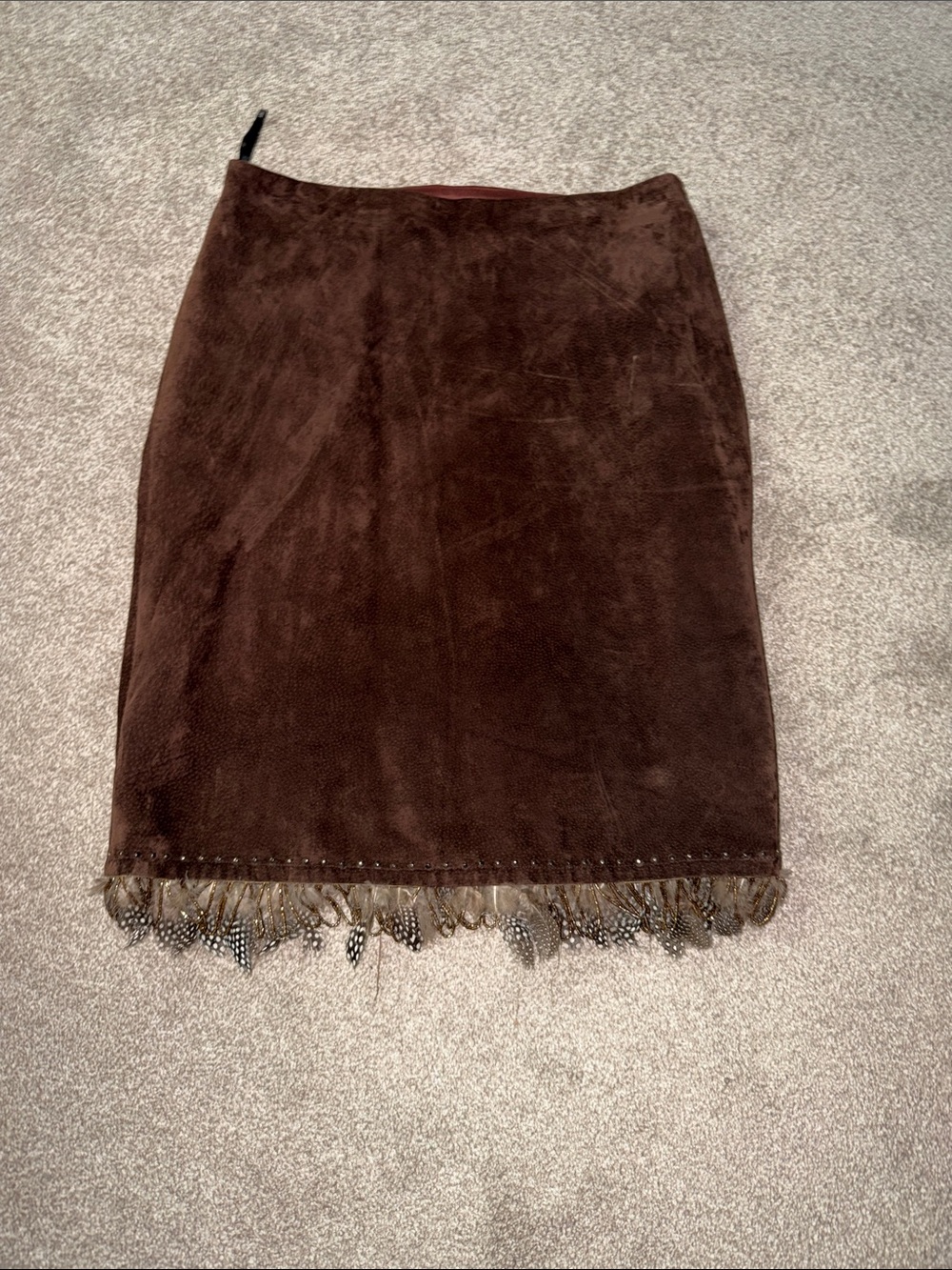 Brown Suede Feather Trim Pencil Skirt